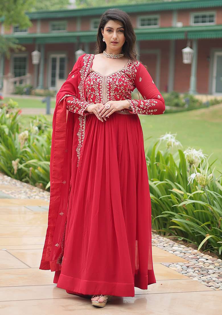 Red Embroidered Georgette Anarkali Set - Indya