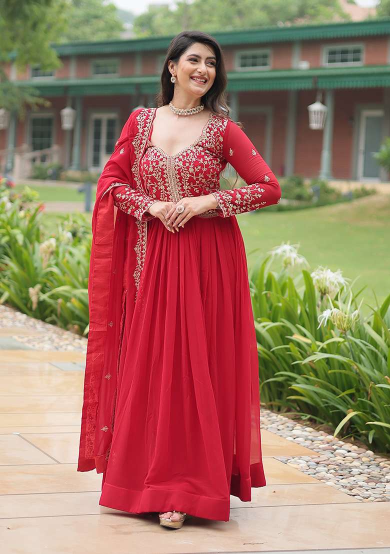 Red Embroidered Georgette Anarkali Set - Indya