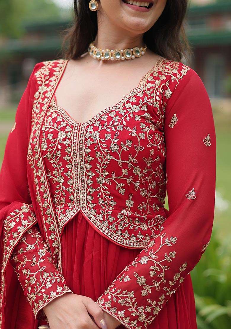 Red Embroidered Georgette Anarkali Set - Indya