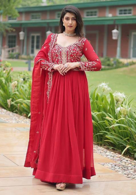 Red Embroidery Georgette Kurta Set