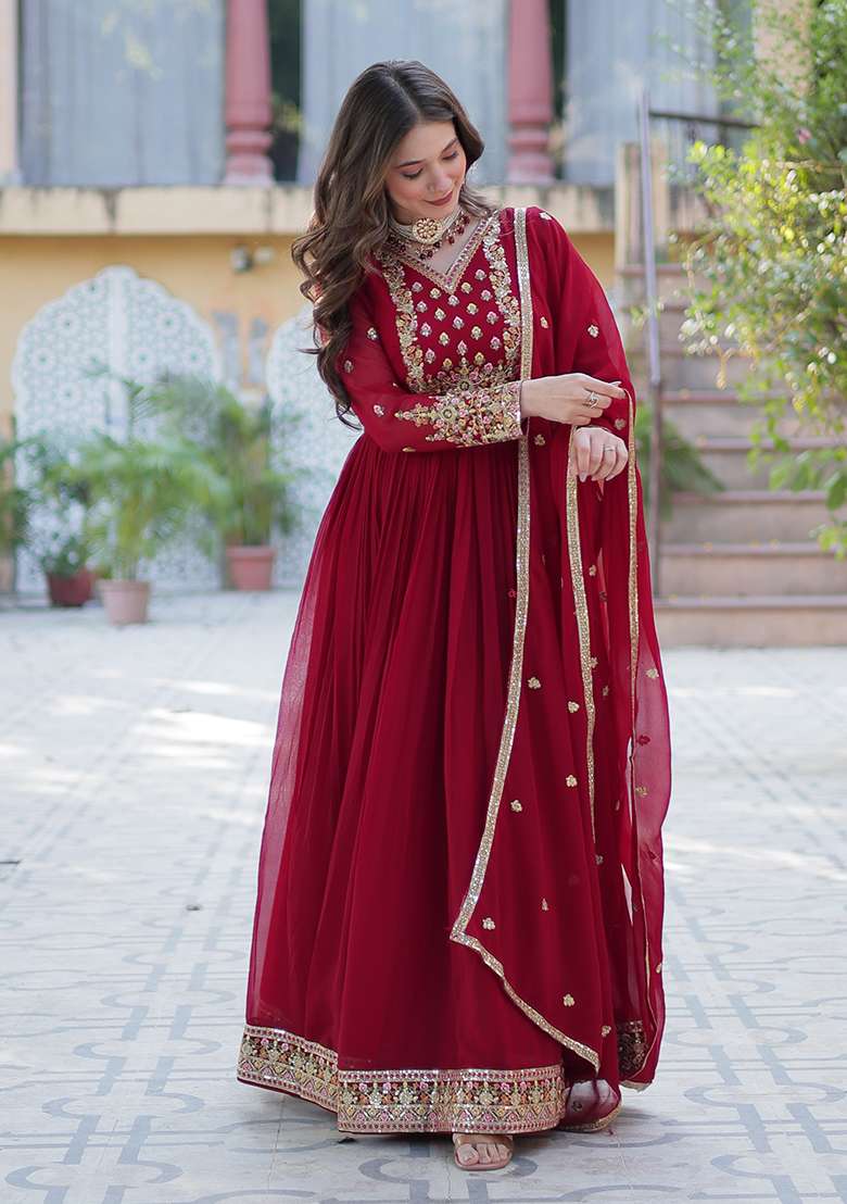Maroon Embroidered Georgette Anarkali Set - Indya