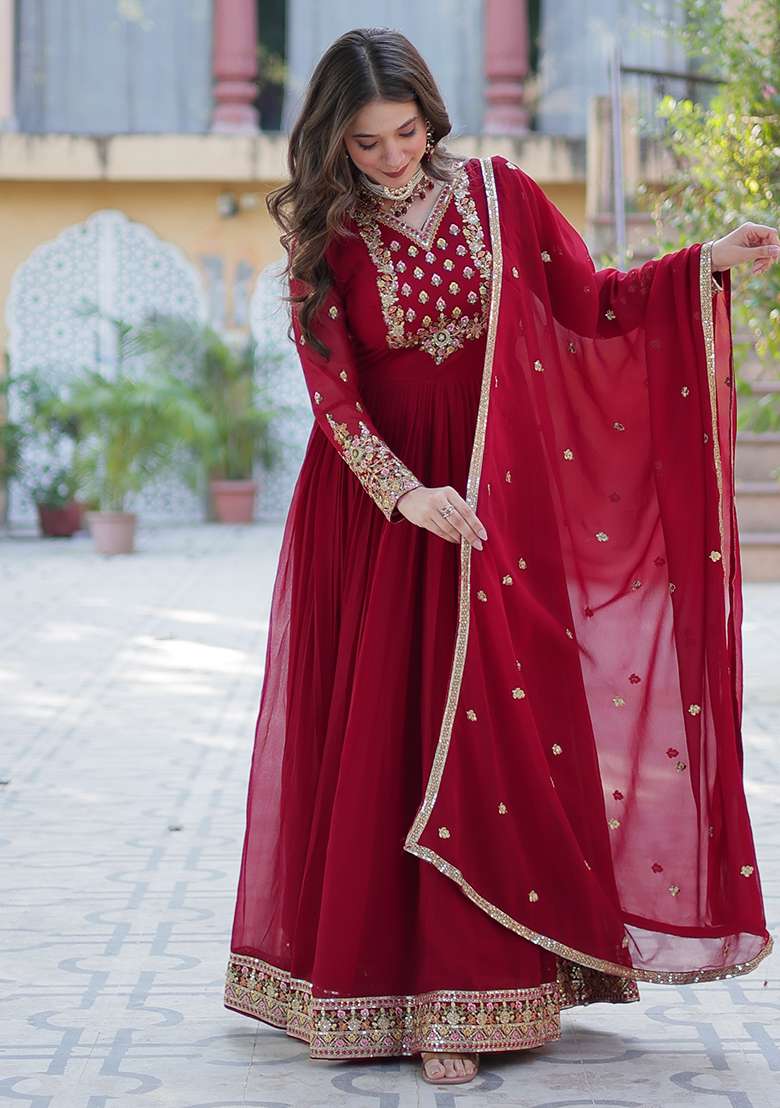 Maroon Embroidered Georgette Anarkali Set - Indya