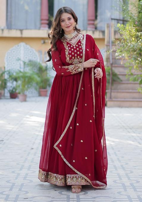 Maroon Embroidery Georgette Kurta Set