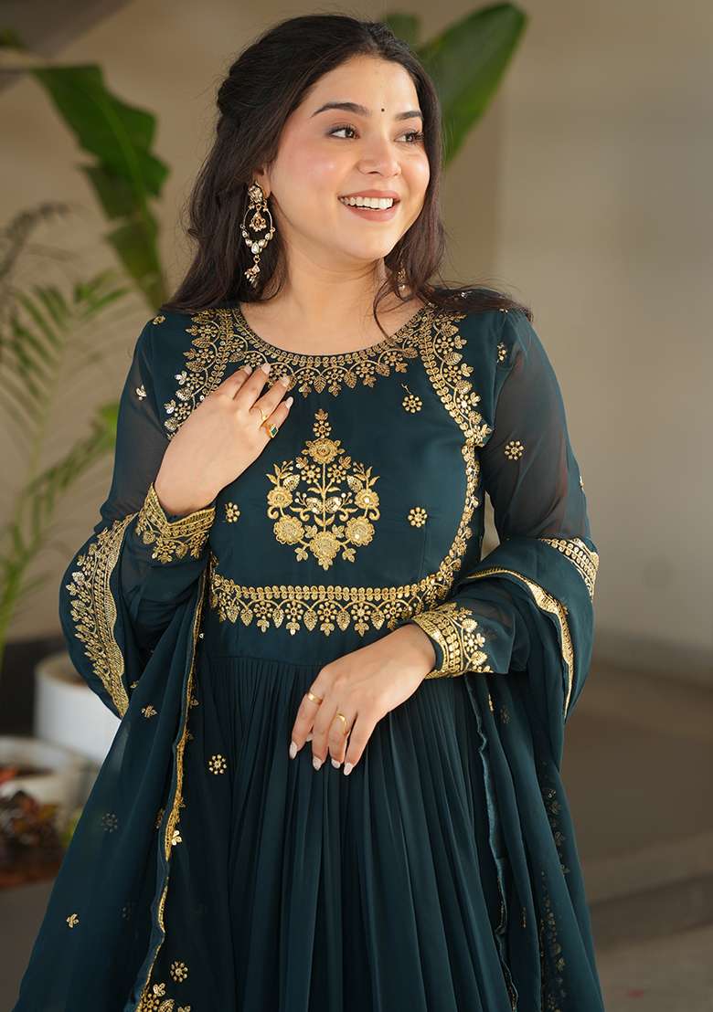 Rama Embroidered Georgette Anarkali Set - Indya