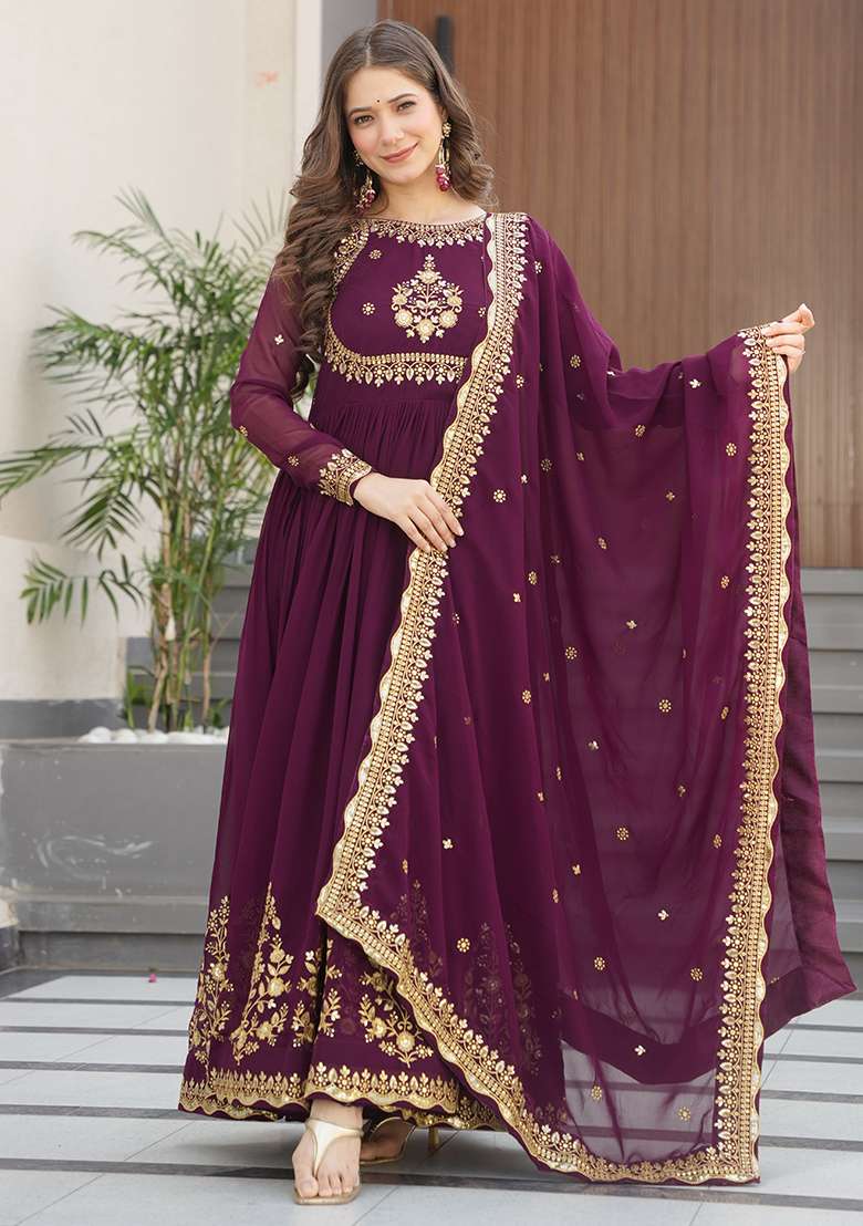 Wine Embroidered Georgette Anarkali Set - Indya