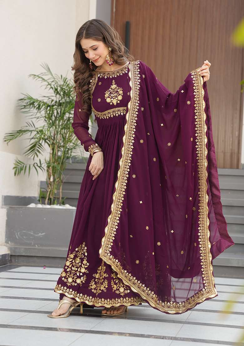 Wine Embroidered Georgette Anarkali Set - Indya