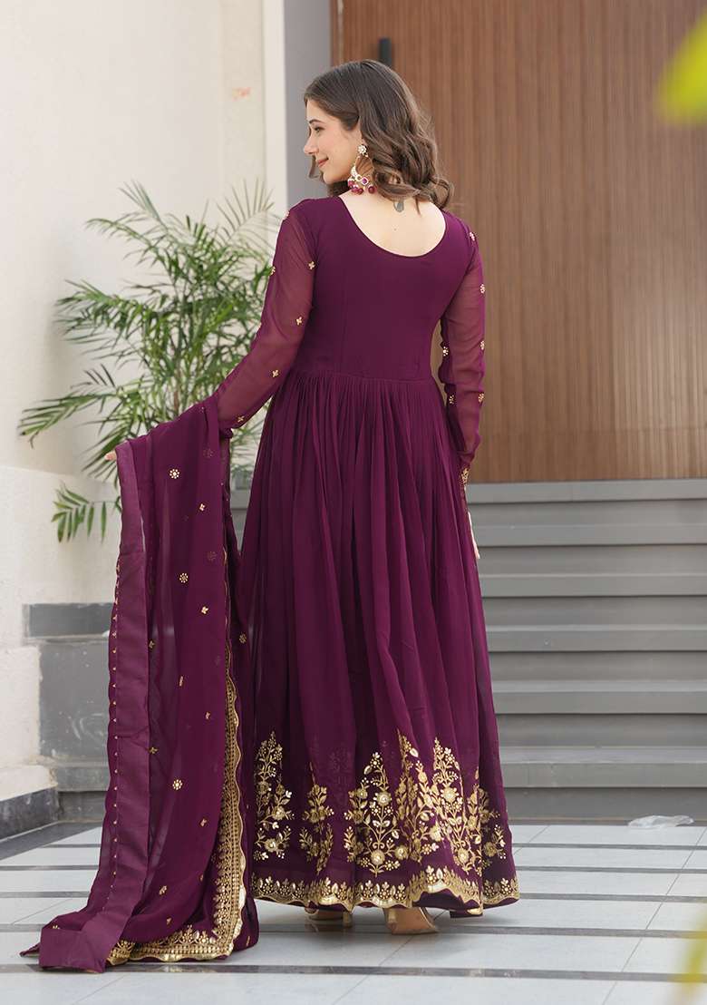 Wine Embroidered Georgette Anarkali Set - Indya