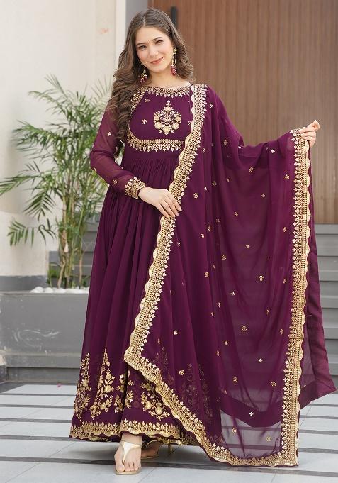 Wine Embroidery Georgette Kurta Set