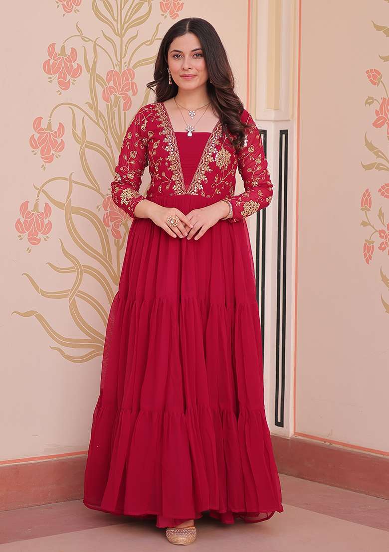 Pink Embroidered Georgette Anarkali Set - Indya