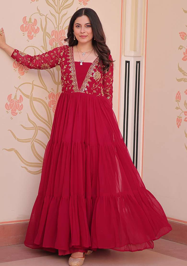 Pink Embroidered Georgette Anarkali Set - Indya