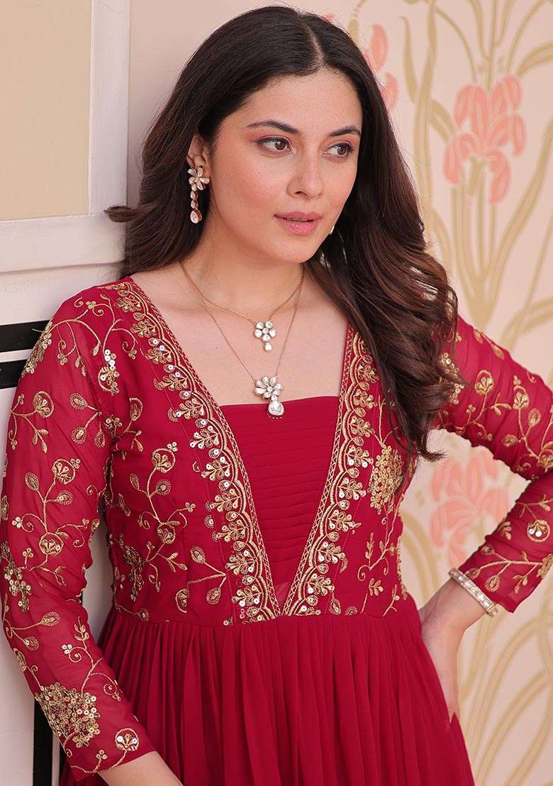 Pink Embroidered Georgette Anarkali Set - Indya