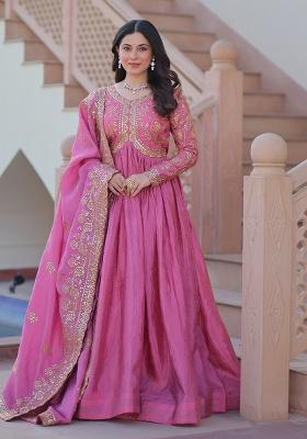 Pista Embroidered Gold Crush Anarkali Set