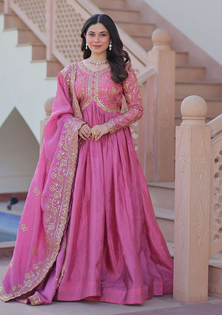 Pista Embroidered Gold Crush Anarkali Set - Indya