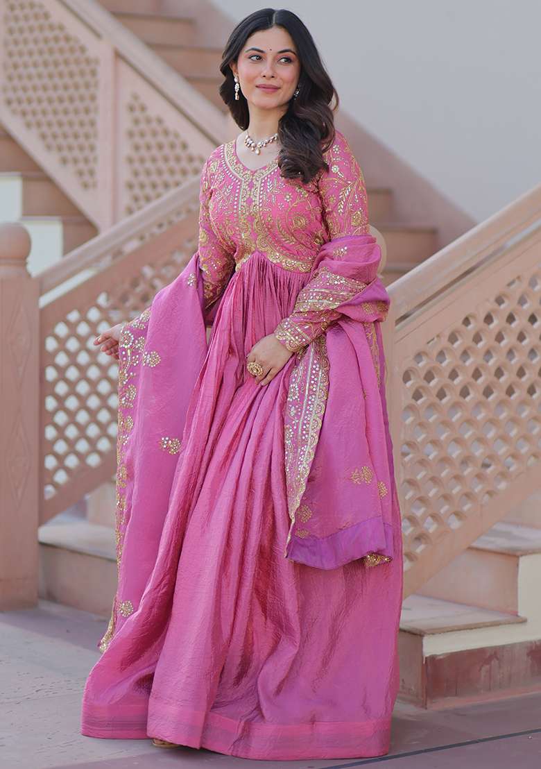 Pista Embroidered Gold Crush Anarkali Set - Indya