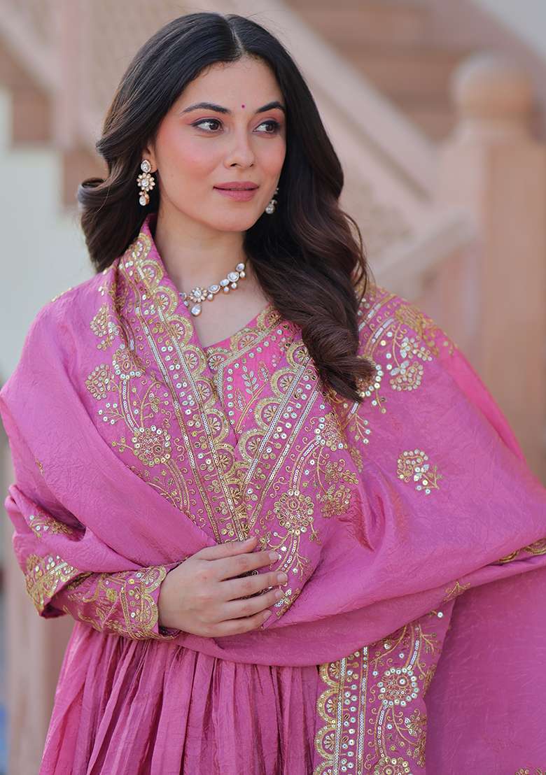 Pista Embroidered Gold Crush Anarkali Set - Indya