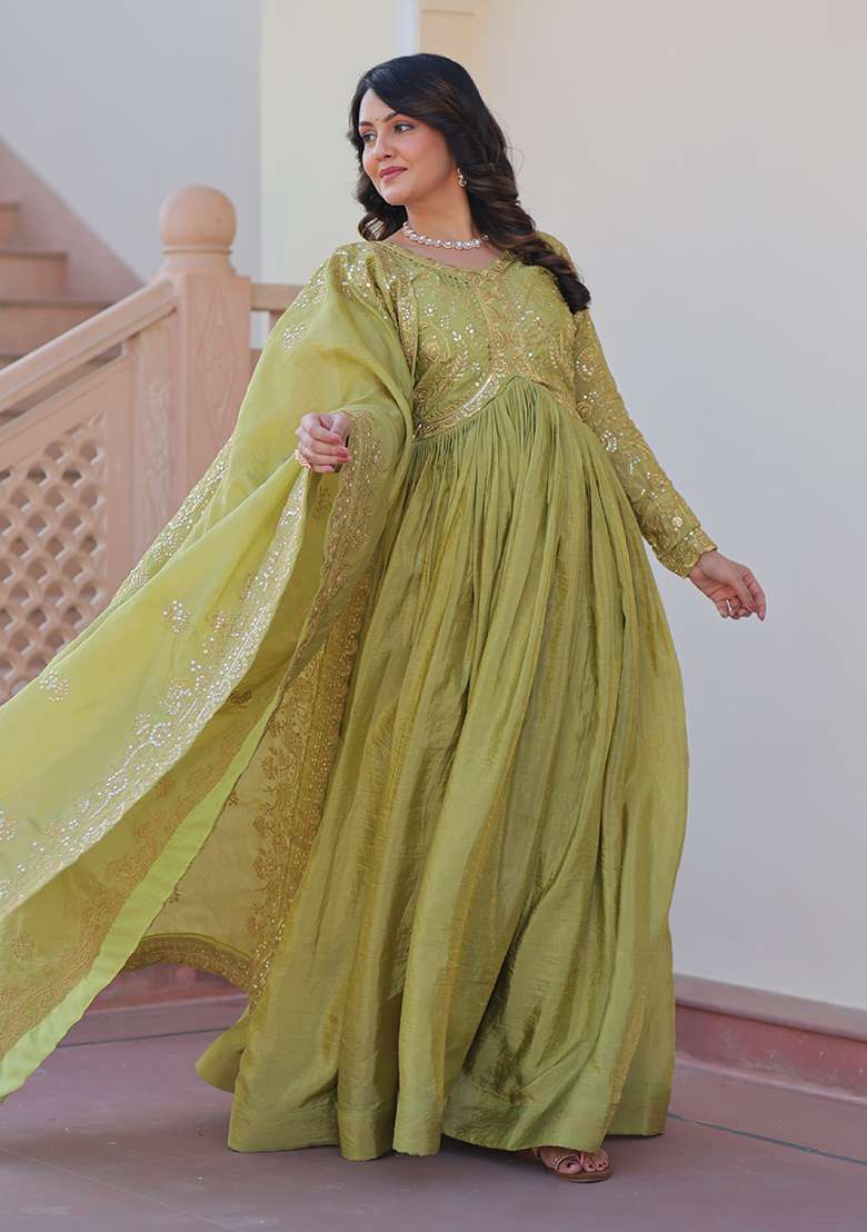 Purple Embroidered Gold Crush Anarkali Set - Indya