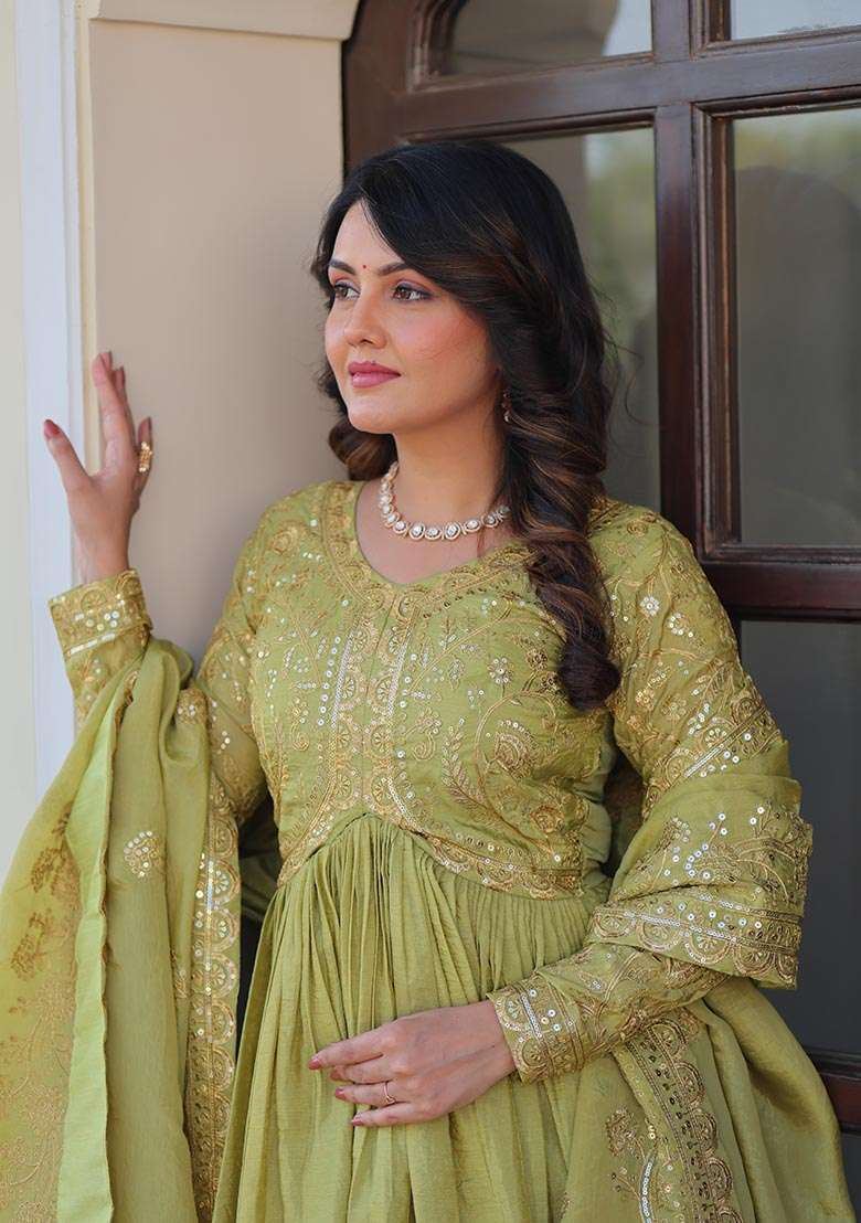 Purple Embroidered Gold Crush Anarkali Set - Indya