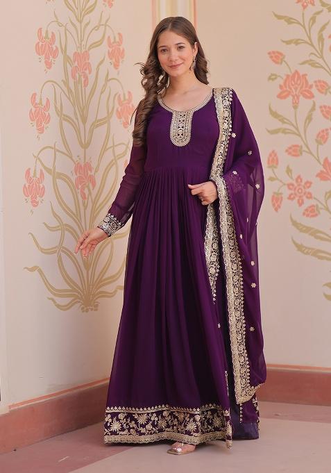Purple Embroidery Georgette Kurta Set