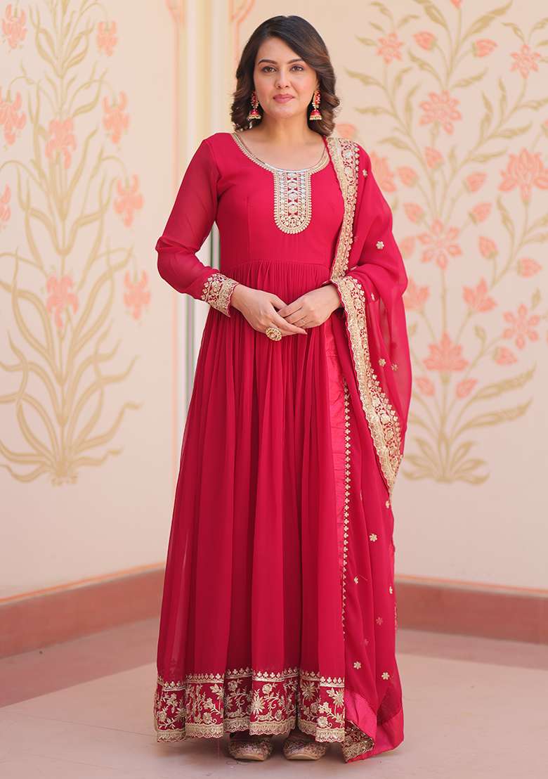 Maroon Embroidered Georgette Anarkali Set - Indya