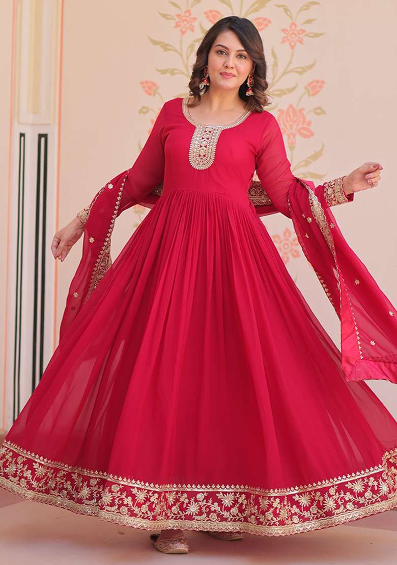 Maroon Embroidered Georgette Anarkali Set - Indya