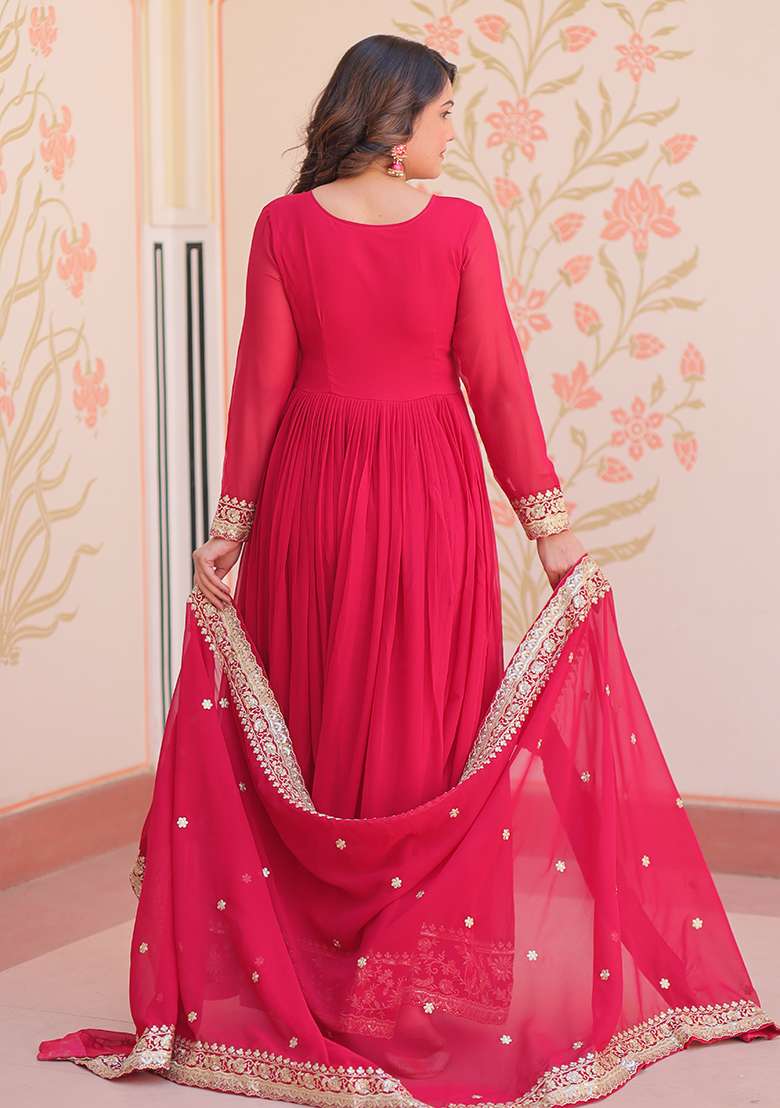 Maroon Embroidered Georgette Anarkali Set - Indya