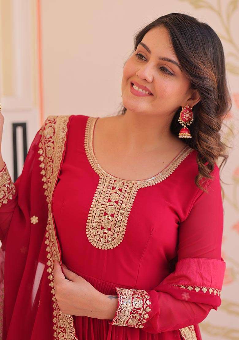 Maroon Embroidered Georgette Anarkali Set - Indya