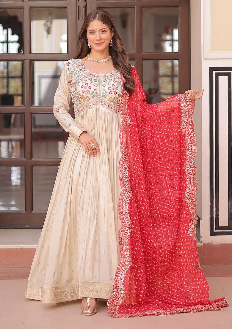 Red Embroidered Jacquard Anarkali Set - Indya
