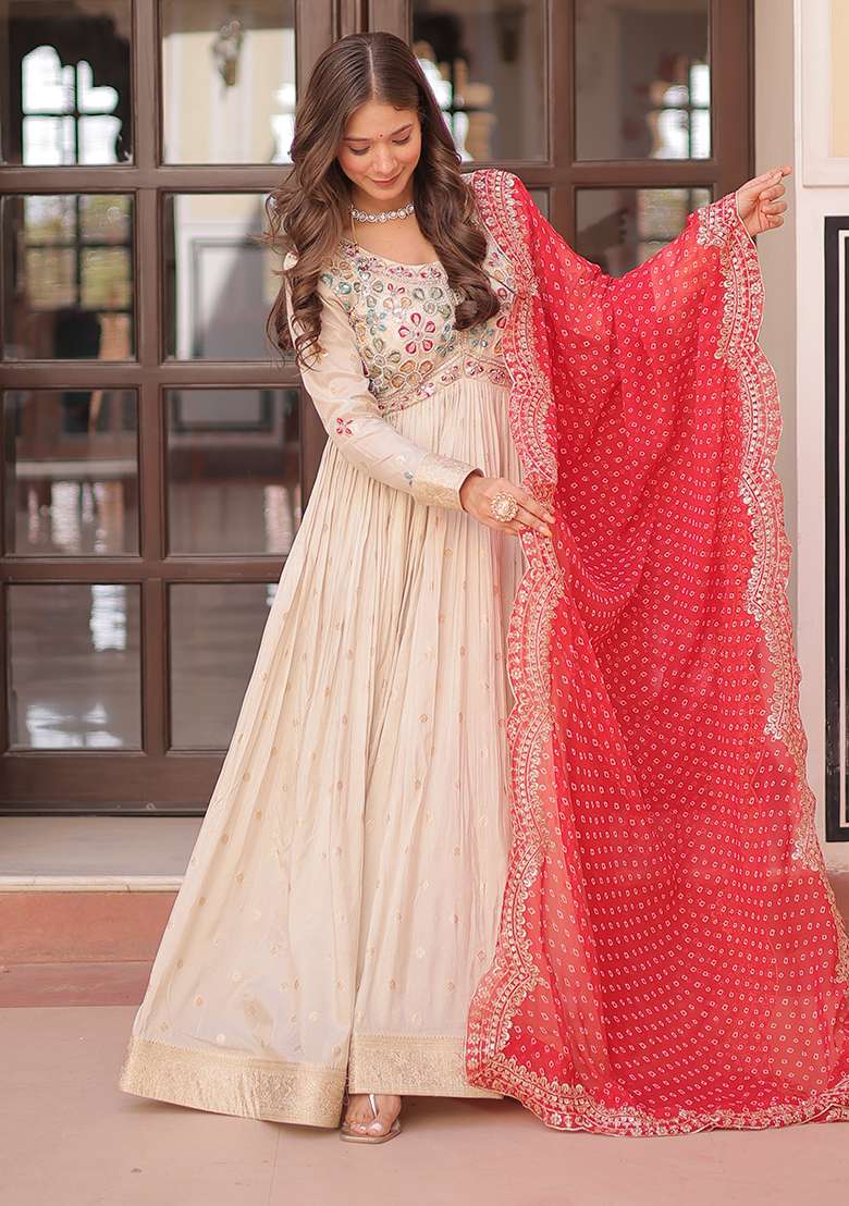 Red Embroidered Jacquard Anarkali Set - Indya