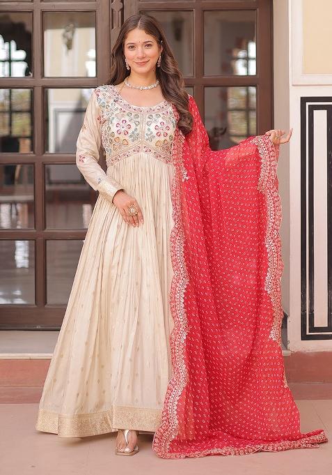 Red Embroidery Jaquard Kurta Set