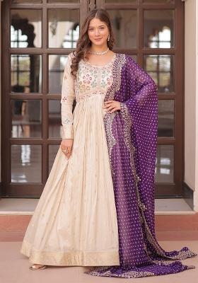 Purple Embroidered Jacquard Anarkali Set