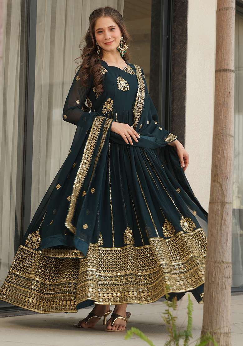 Rama Embroidered Georgette Anarkali Set - Indya