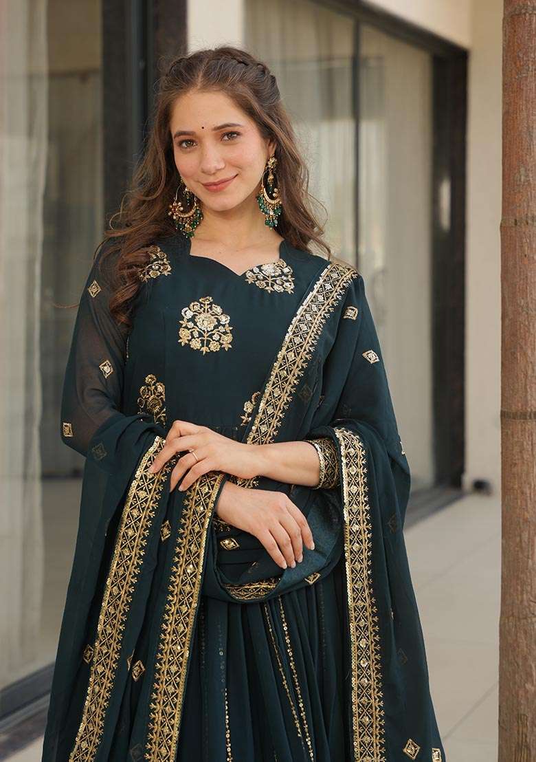 Rama Embroidered Georgette Anarkali Set - Indya