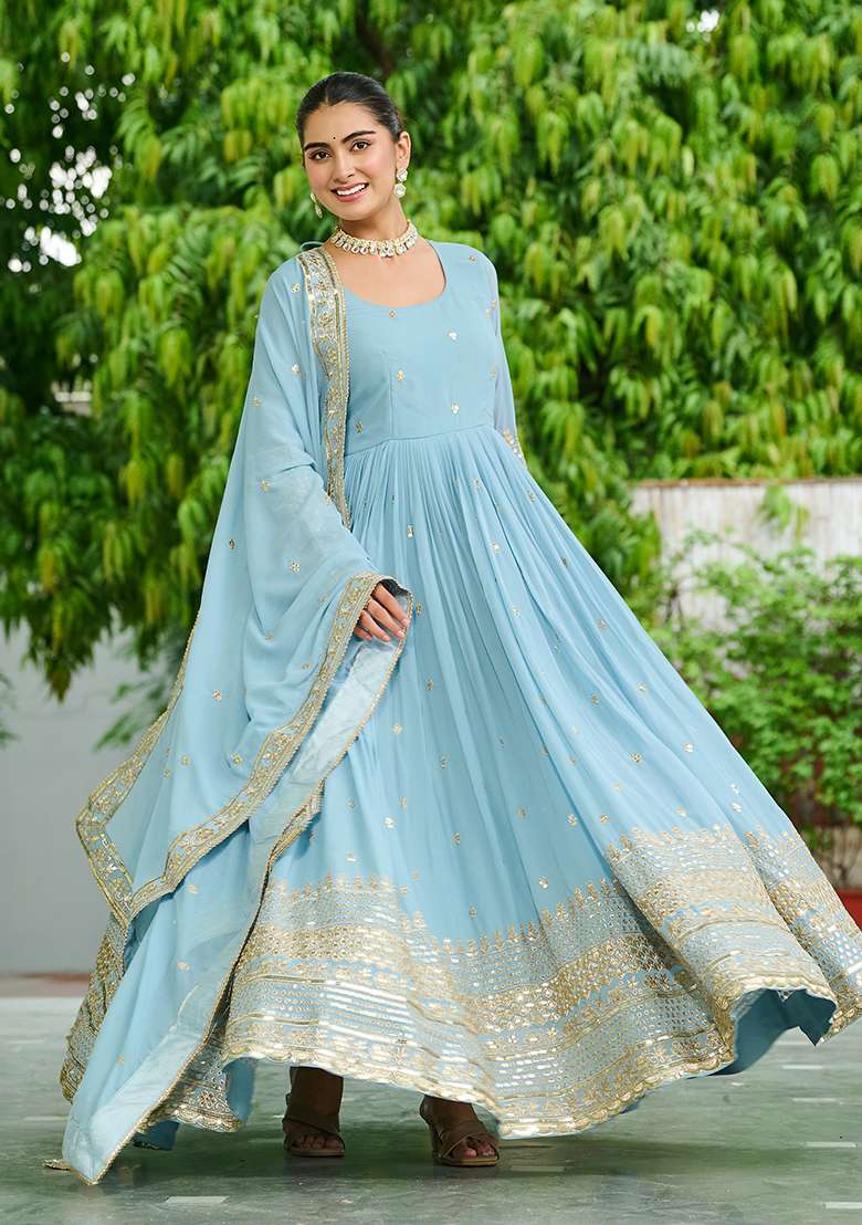 Sky Blue Embroidered Georgette Anarkali Set - Indya