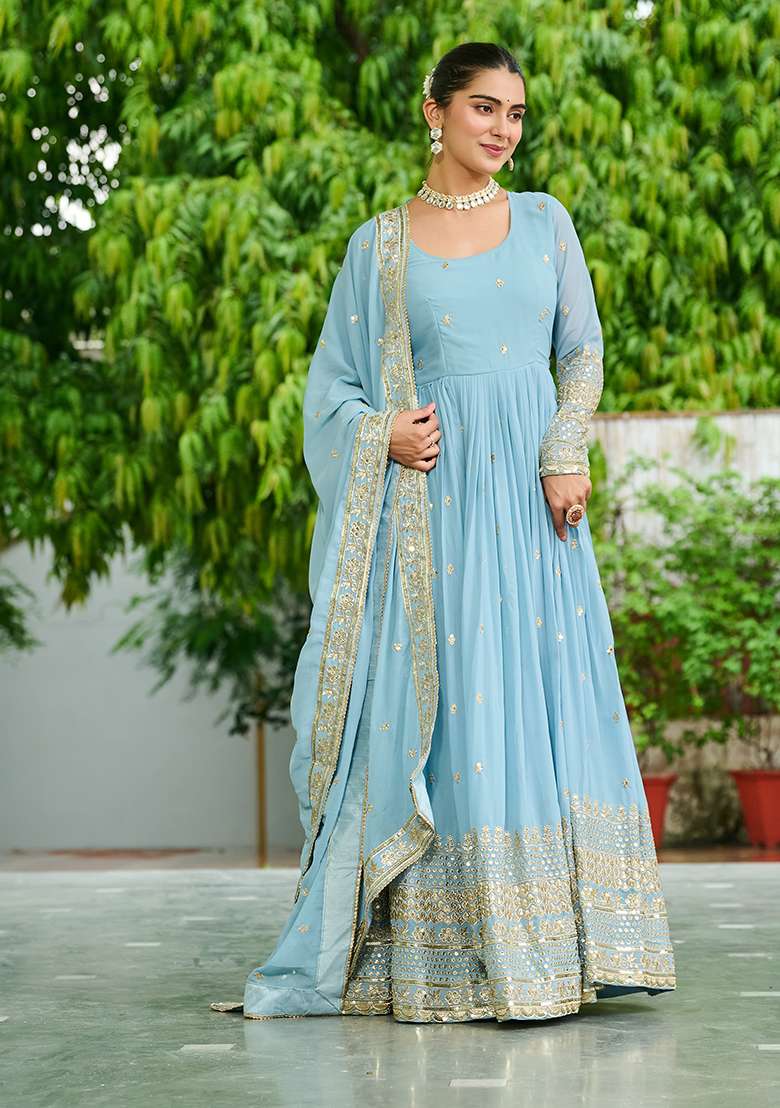 Sky Blue Embroidered Georgette Anarkali Set - Indya