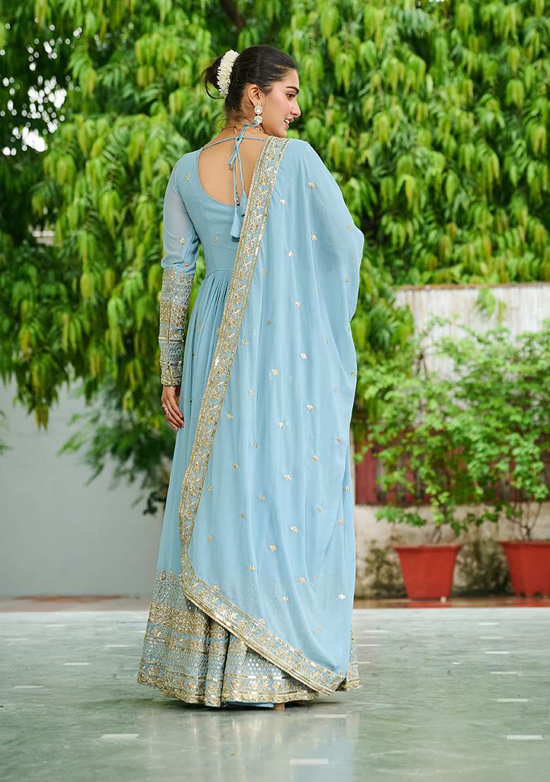 Sky Blue Embroidered Georgette Anarkali Set - Indya