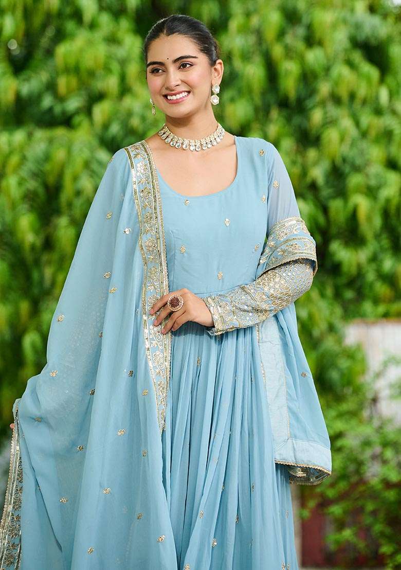 Sky Blue Embroidered Georgette Anarkali Set - Indya