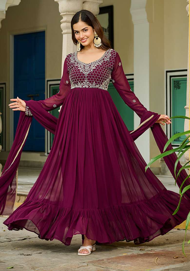 Maroon Embroidered Georgette Anarkali Set - Indya