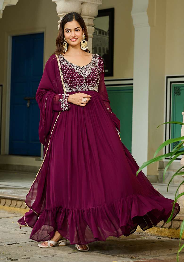 Maroon Embroidered Georgette Anarkali Set - Indya