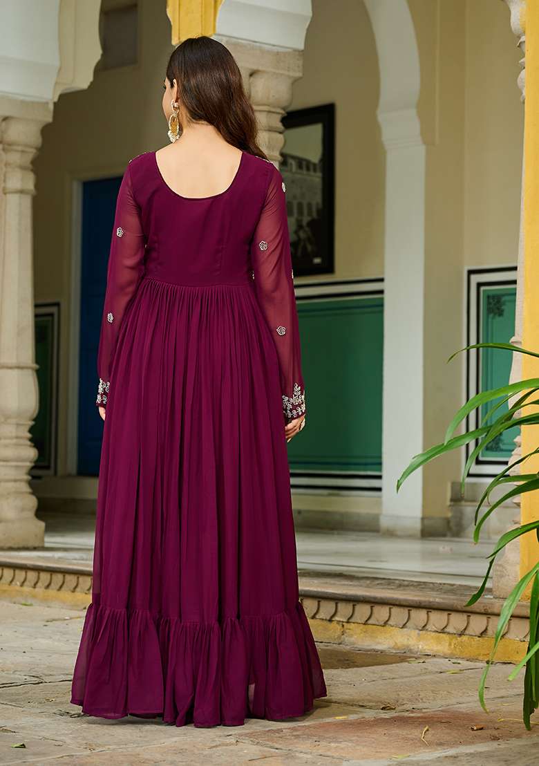 Maroon Embroidered Georgette Anarkali Set - Indya