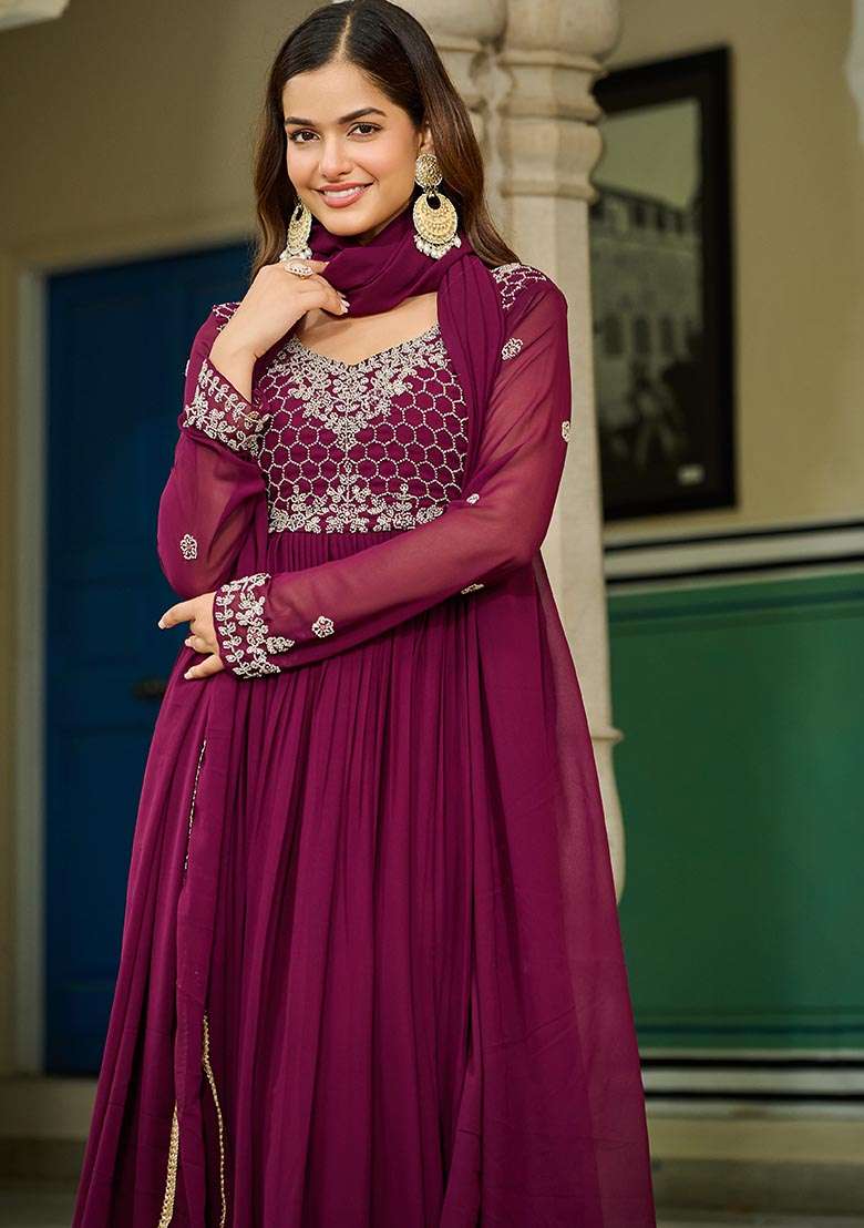 Maroon Embroidered Georgette Anarkali Set - Indya