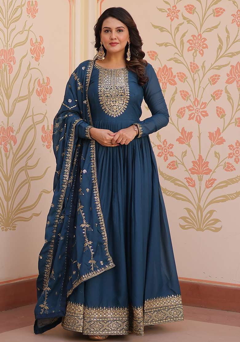 Rama Embroidered Georgette Anarkali Set - Indya
