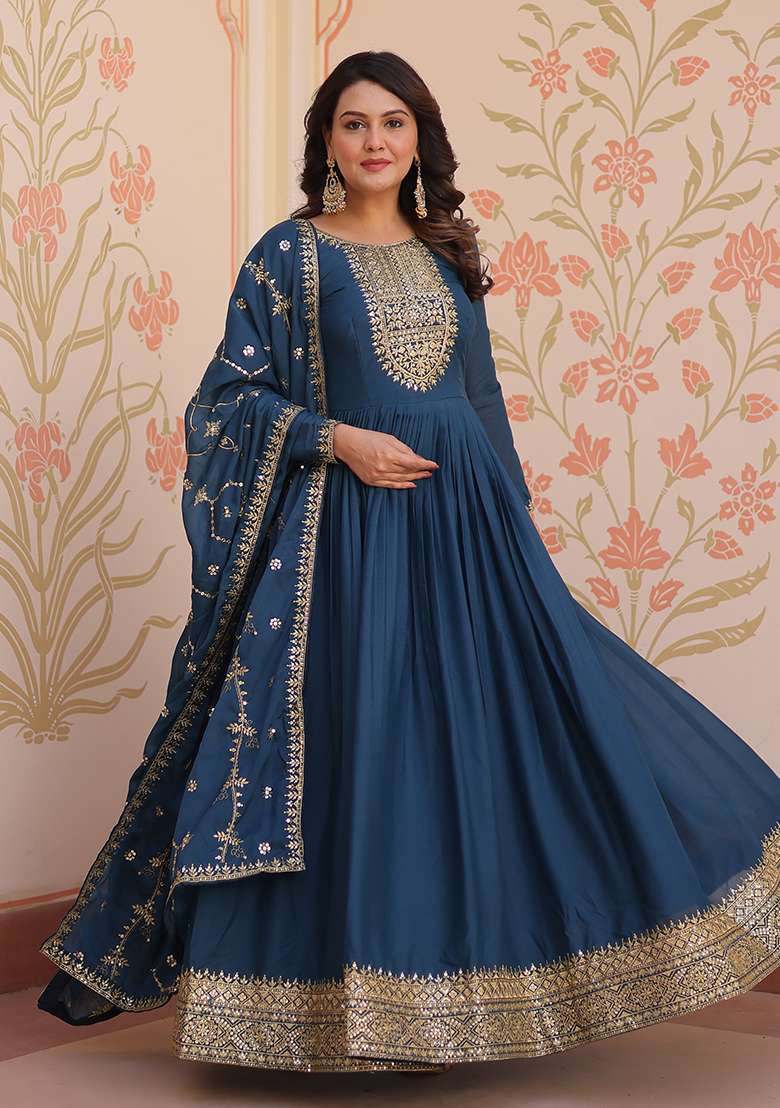 Rama Embroidered Georgette Anarkali Set - Indya