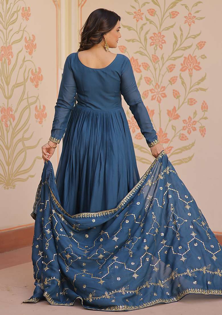 Rama Embroidered Georgette Anarkali Set - Indya