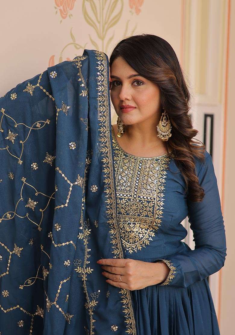 Rama Embroidered Georgette Anarkali Set - Indya
