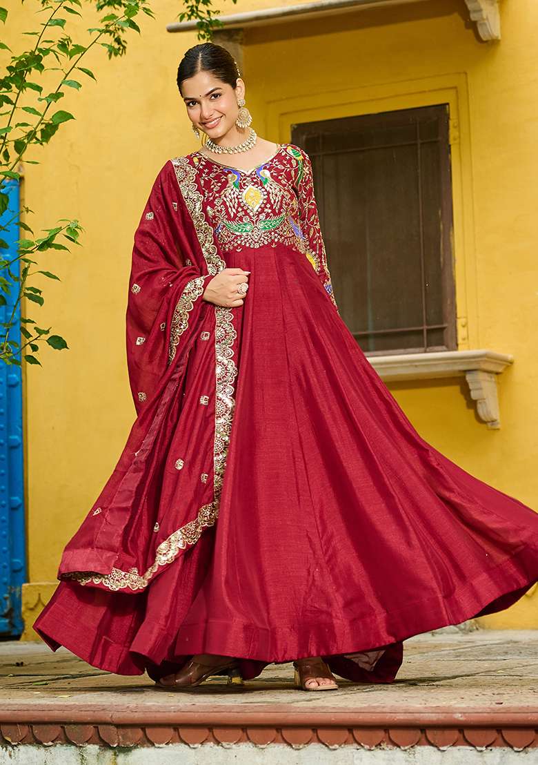 Maroon Embroidered Silk Anarkali Set - Indya