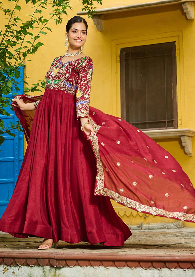 Maroon Embroidered Silk Anarkali Set - Indya