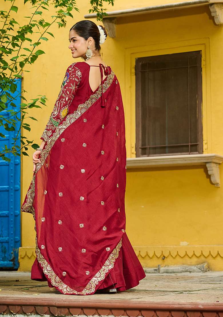 Maroon Embroidered Silk Anarkali Set - Indya