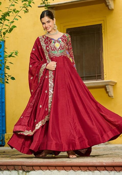 Maroon Embroidery Silk Kurta Set