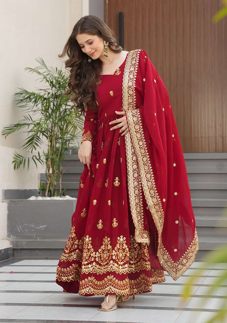Maroon Embroidered Georgette Anarkali Set - Indya