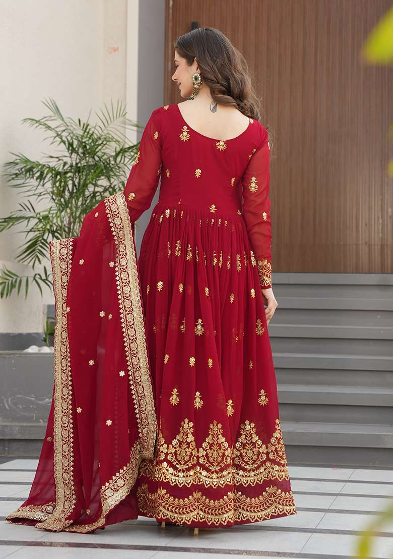 Maroon Embroidered Georgette Anarkali Set - Indya